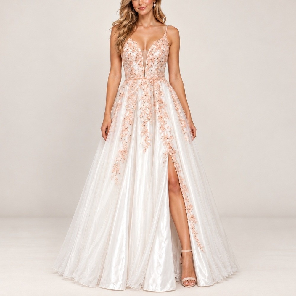 Royal Queen Collection Gown 6 White Pink Lace Rhinestone Tulle Formal Dress Prom